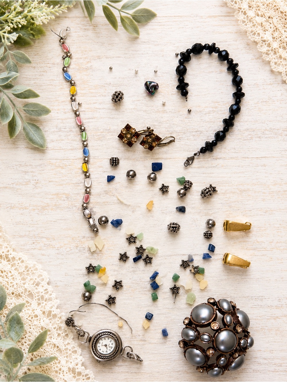 Broken Jewelry Craft Mixed Lot Beads Stones Watch Face Brooch Bracelet Earrings - Picture 4 of 4